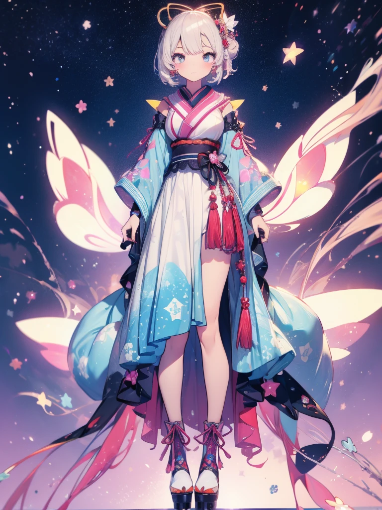 1girl、vtuber-fullbody、Star Fairy、Masterpiece、Official Art、Super detailed、super beautiful、かわいいStar Fairy、white straight short hair、Milky Way、universe、star charm、Star、、Knee-high boots、Japanese pattern dress、A beautiful girl wearing black and white clothes that are a remake of a yukata.、universeを思わせるOiranフリルドレス、Oiran