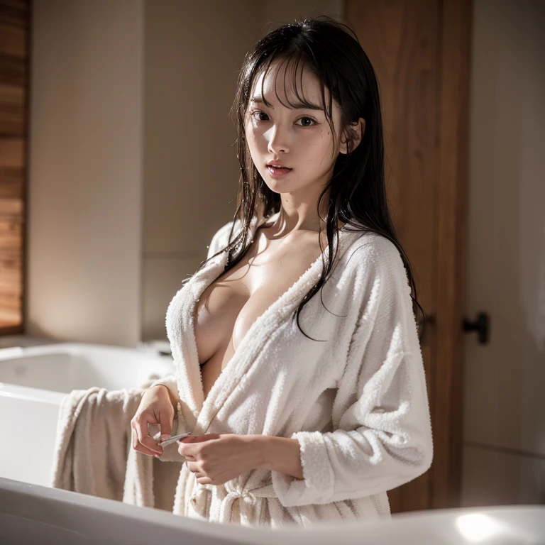 highest quality，28-year-old female，Height: 164 cm，Bust 96cm，My hair is wet after the bath，Wearing a bathrobe，The front of her bathrobe is wide open.，Looking at the camera