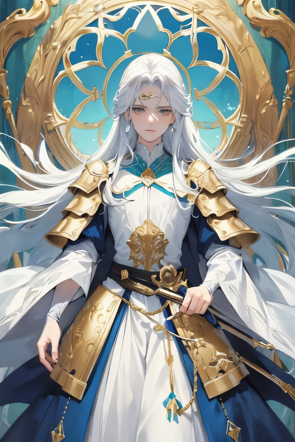In the tranquil heart of a serene lake, where calm waters mirror the sky above, a venerable man with flowing white hair and a stern gaze wields a magnificent sword. Dressed in attire reminiscent of the bronze and aquamarine era, this man of the post-70s ego generation exudes an aura of wisdom and power. The colors of navy and emerald adorn his fanciful costume, a design that is extremely gendered in its grandeur and intricacy. Each detail, from the intricate patterns on his armor to the subtle textures of his garments, is rendered with the utmost care and precision, creating a visual treat that is nothing short of