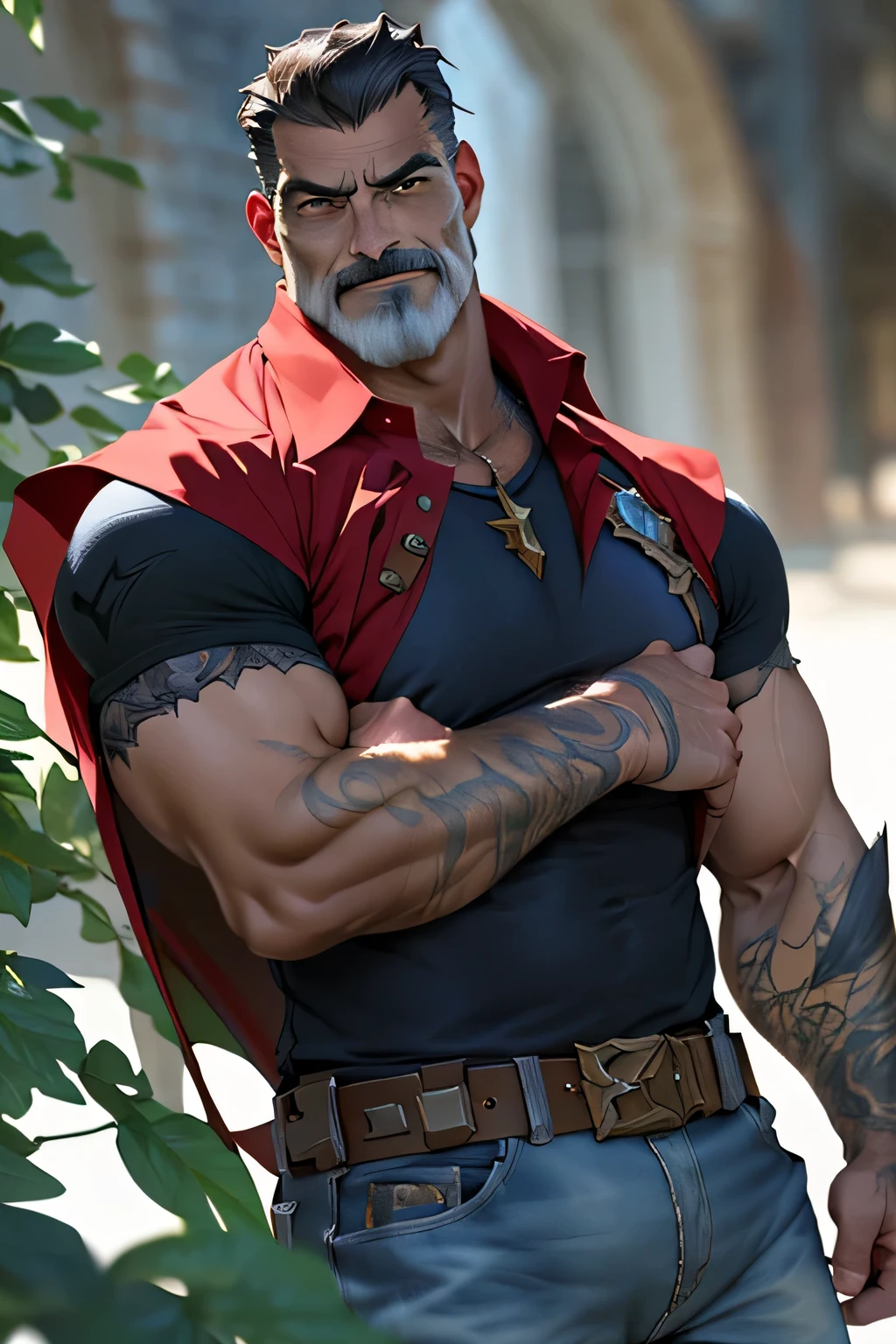 Best quality, masterpiece, graves from league of legend, ultra high res,detailed background,realistic,hadesstyle,solo,male,mature,bara,muscular,mature male,short hair,facial hair, \(theme\),dark fantasy,evil,cape,depth of field