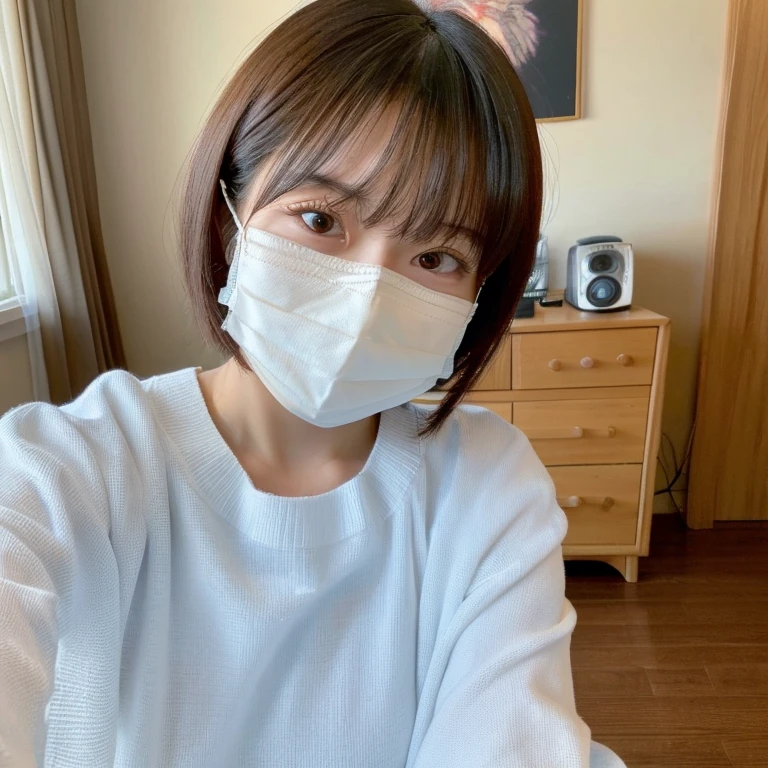 Bob Hairstyle、selfie from above、More natural selfies、Selfie taken with an iPhone、((Selfie style in my room)),((student))、((very young))、((very cute))、((So adorable))、((Please wear a white non-woven mask)),highest quality, masterpiece, Ultra-high resolution, (Realistic:1.4), RAW Photos, Very detailed, Perfect Anatomy, 1 girl, 18-year-old, Famous Japanese Idols, Front view, Crotch close-up,, ((Accentuate your breasts))