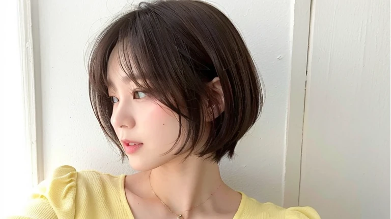 White wall、Taken in front of a white door、(窓のあるWhite wallの部屋)、Photographed in natural light、Highly detailed face and skin texture、Highly detailed lips、The correct state of the human body、超A high resolution、(Photorealistic:1.4)、highest quality, One beautiful woman, 28 years old, s, 35mm lens、Yellow long sleeve dress、(Dark brown medium short hair)、Black-haired、Short-haired Japanese woman、(Dark brown hair)、Various poses、Don&#39;Don&#39;t look at the camera、profile、Natural color lip、Spring Clothes、 necklace