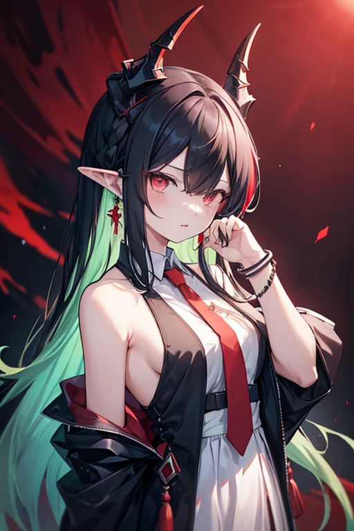 best quality, masterpiece, highres, solo, {dusk_arknights:1.15}, black_hair, horns, long_hair, pointy_ears, dragon_horns, multicolored_hair, jewelry, earrings, red_eyes, sleeveless, colored_skin, streaked_hair, breasts, dragon_girl, necktie, red_necktie, very_long_hair, green_skin, hair_over_one_eye, upper_body, green_hair, tassel_earrings, closed_mouth, 1girl, bare_shoulders, bead_bracelet, beads, bracelet, dress, yellow_eyes, white_dress, blush, from_side, hand_on_own_cheek, hand_on_own_face, hand_up, looking_at_viewer, parted_lips