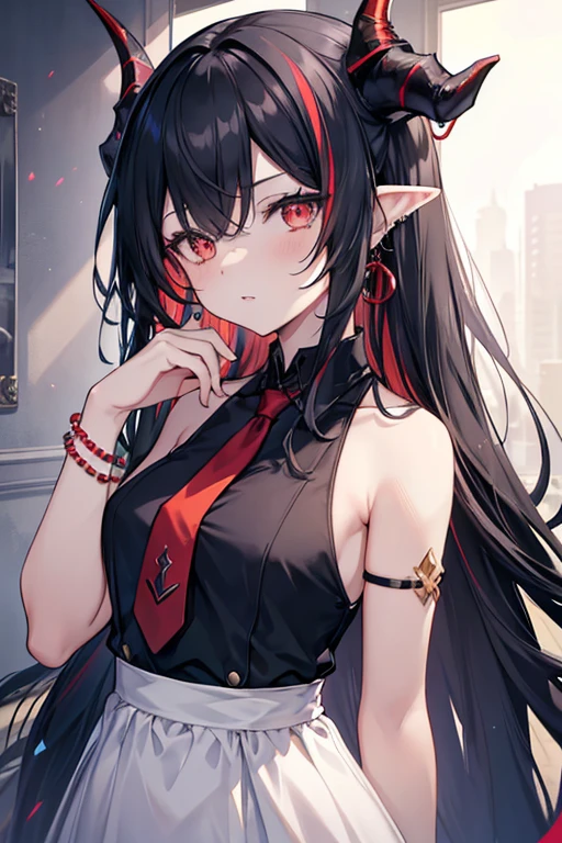 best quality, masterpiece, highres, solo, {dusk_arknights:1.15}, black_hair, horns, long_hair, pointy_ears, dragon_horns, multicolored_hair, jewelry, earrings, red_eyes, sleeveless, colored_skin, streaked_hair, breasts, dragon_girl, necktie, red_necktie, very_long_hair, green_skin, hair_over_one_eye, upper_body, green_hair, tassel_earrings, closed_mouth, 1girl, bare_shoulders, bead_bracelet, beads, bracelet, dress, yellow_eyes, white_dress, blush, from_side, hand_on_own_cheek, hand_on_own_face, hand_up, looking_at_viewer, parted_lips