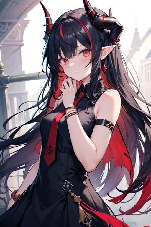 best quality, masterpiece, highres, solo, {dusk_arknights:1.15}, black_hair, horns, long_hair, pointy_ears, dragon_horns, multicolored_hair, jewelry, earrings, red_eyes, sleeveless, colored_skin, streaked_hair, breasts, dragon_girl, necktie, red_necktie, very_long_hair, green_skin, hair_over_one_eye, upper_body, green_hair, tassel_earrings, closed_mouth, 1girl, bare_shoulders, bead_bracelet, beads, bracelet, dress, yellow_eyes, white_dress, blush, from_side, hand_on_own_cheek, hand_on_own_face, hand_up, looking_at_viewer, parted_lips