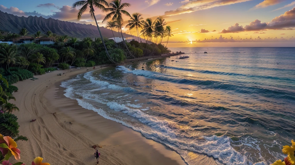arafed view of a beautiful sunset with palm trees and flowers, floral sunset, paradise in the background, hawaii, beautiful place, hawaii beach, the most beautiful sunset, beautiful sunset, which shows a beach at sunset, magnificent background, nice sunset, tropical paradise, beautiful background, maui, tropical landscape, beautiful tropical flowers, beautiful scenic view, beautful view