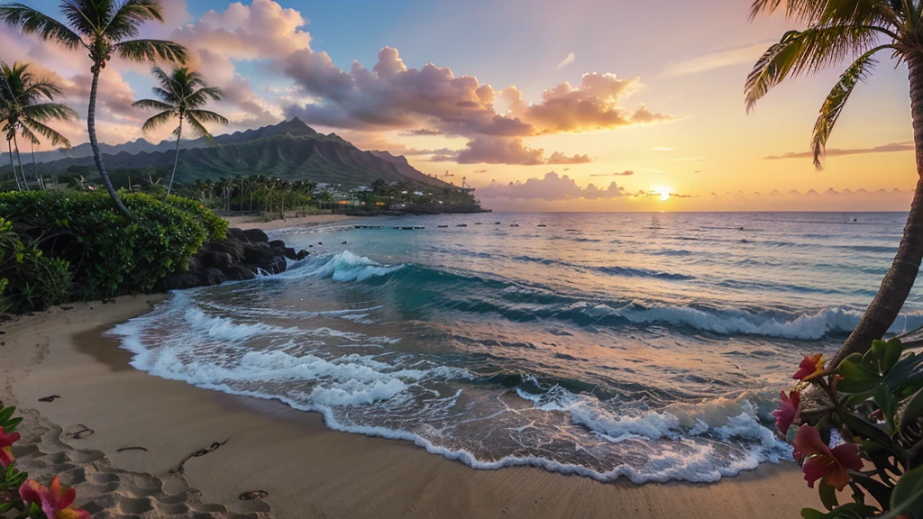 arafed view of a beautiful sunset with palm trees and flowers, floral sunset, paradise in the background, hawaii, beautiful place, hawaii beach, the most beautiful sunset, beautiful sunset, which shows a beach at sunset, magnificent background, nice sunset, tropical paradise, beautiful background, maui, tropical landscape, beautiful tropical flowers, beautiful scenic view, beautful view