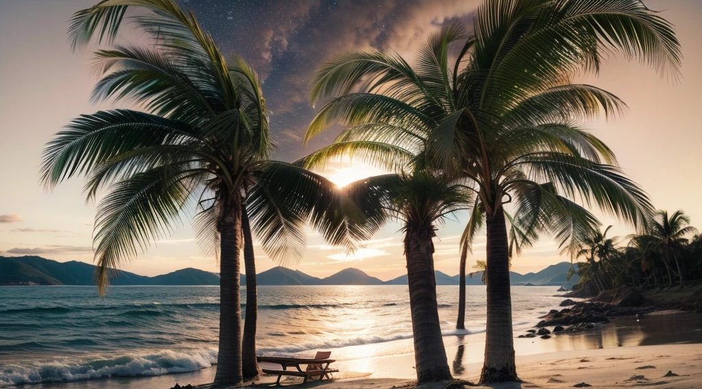 Create an image of a deserted island night beach landscape。People and buildings、Artifacts、Lighting is not included.、Express a beautiful sight in silence。Moonlight reflects off the surface of the sea、Describe the silhouette of a palm tree or a floating starry sky。Take advantage of the natural atmosphere of the beach、Please describe it as an engaging scene that makes you feel quiet, 3d rendered。Very realistic, photograph, Super Detail, high details, High quality, in 8K