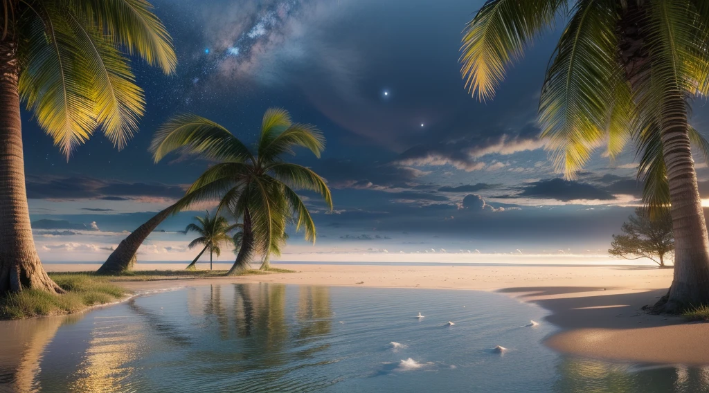 Create an image of a deserted island night beach landscape。People and buildings、Artifacts、Lighting is not included.、Express a beautiful sight in silence。Moonlight reflects off the surface of the sea、Describe the silhouette of a palm tree or a floating starry sky。Take advantage of the natural atmosphere of the beach、Please describe it as an engaging scene that makes you feel quiet, 3d rendered。Very realistic, photograph, Super Detail, high details, High quality, in 8K