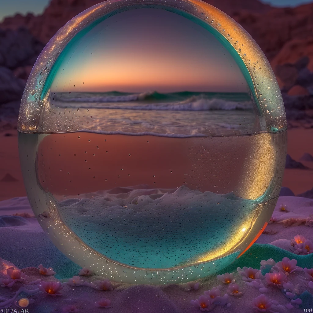 orb with fantasy inside, steam, sunset, flowers, masterpiece, best quality, ultra high res, RAW, Mirleft, splashing rainbows, waves crashing, sand, foam, opalescent, (Photoluminescence water), bioluminescence, clear, Cinematic RAW photo, hyper real photo, ultrarealistic, 8k uhd, dslr, soft lighting, high quality, film grain, Fujifilm XT3, photographed on a Kodak Retina II Sanyo Xacti VPC-CA6, 50mm lens, Wide Angle, HDR, hyper-realistic, colorgraded, volumetric lighting, [volumetric fog, moist], shallow depth of field, reflections, photo, (sparkling), glistening, (iridescent), glimmering, clear, shimmering, mystical, enchanting, glittering, Morocco, exotic, (masterpiece) (best quality) (detailed) (8k) (HDR) (wallpaper) (cinematic lighting) (sharp focus) (intricate), romantic, celestial