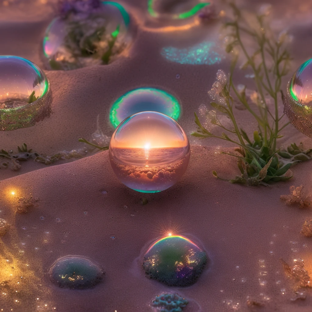 orb with fantasy inside, steam, sunset, flowers, masterpiece, best quality, ultra high res, RAW, Mirleft, splashing rainbows, waves crashing, sand, foam, opalescent, (Photoluminescence water), bioluminescence, clear, Cinematic RAW photo, hyper real photo, ultrarealistic, 8k uhd, dslr, soft lighting, high quality, film grain, Fujifilm XT3, photographed on a Kodak Retina II Sanyo Xacti VPC-CA6, 50mm lens, Wide Angle, HDR, hyper-realistic, colorgraded, volumetric lighting, [volumetric fog, moist], shallow depth of field, reflections, photo, (sparkling), glistening, (iridescent), glimmering, clear, shimmering, mystical, enchanting, glittering, Morocco, exotic, (masterpiece) (best quality) (detailed) (8k) (HDR) (wallpaper) (cinematic lighting) (sharp focus) (intricate), romantic, celestial