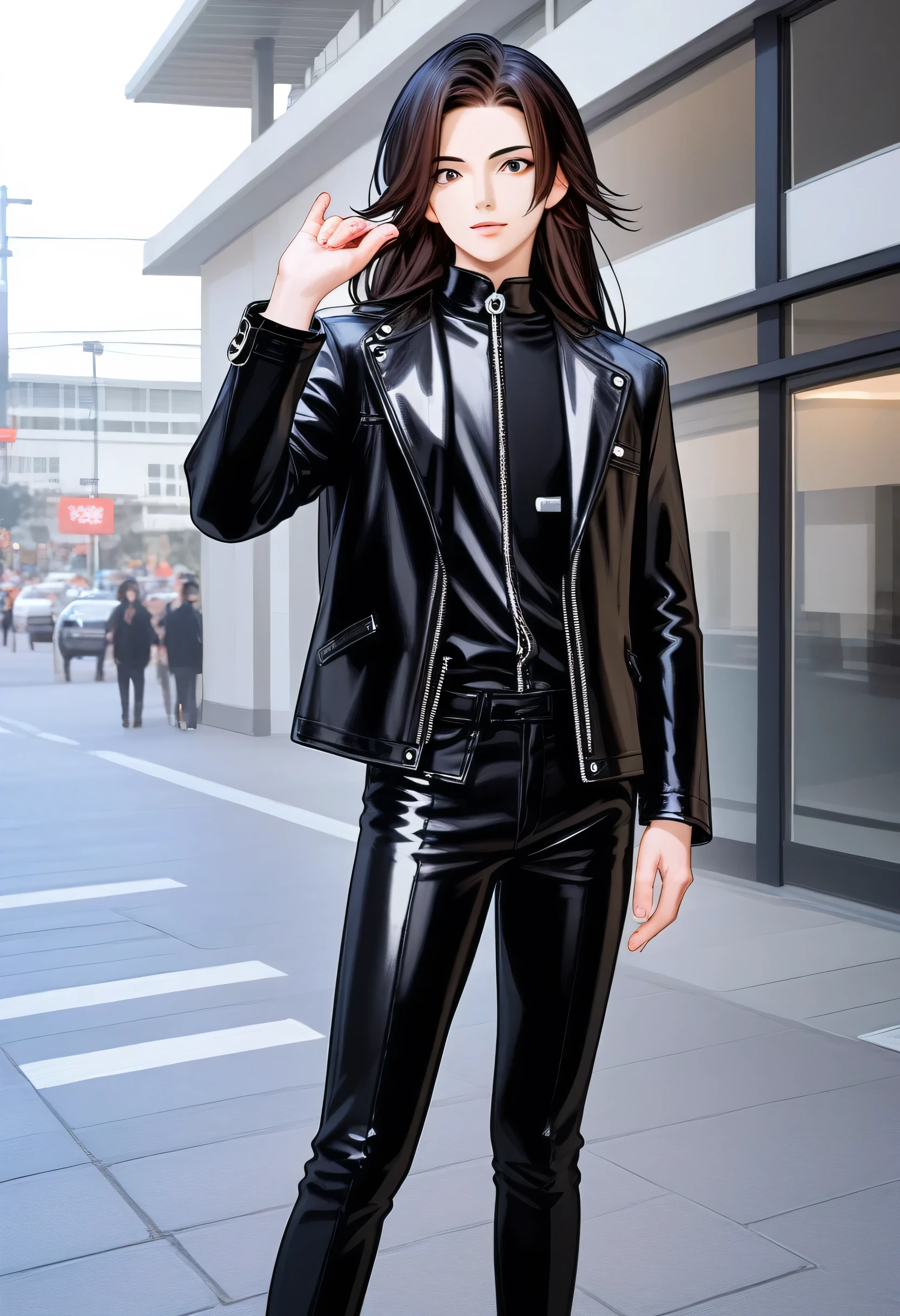 Man with tall anime style long hair wearing leather jacket and pants on the streets of Japan posing for photo