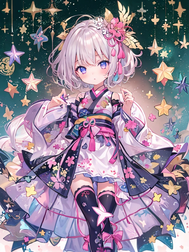 1girl、vtuber-fullbody、Star Fairy、Masterpiece、Official Art、Super detailed、super beautiful、かわいいStar Fairy、white straight short hair、Milky Way、universe、star charm、Star、Baby Face、Knee-high boots、Japanese pattern dress、A beautiful girl wearing black and white clothes that are a remake of a yukata.、universeを思わせるOiranフリルドレス、Oiran