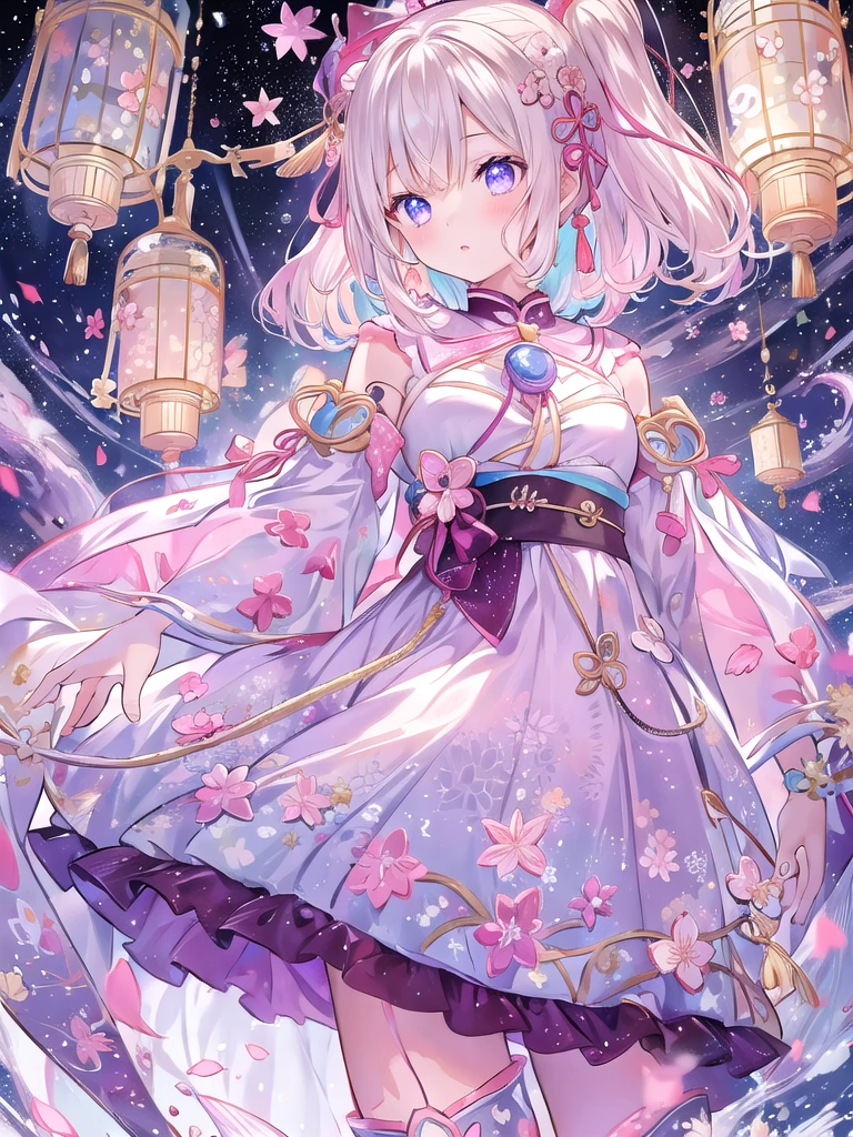 1girl、vtuber-fullbody、Star Fairy、Masterpiece、Official Art、Super detailed、super beautiful、かわいいStar Fairy、white straight short hair、Milky Way、universe、star charm、Star、Baby Face、Knee-high boots、Japanese pattern dress、A beautiful girl wearing black and white clothes that are a remake of a yukata.、universeを思わせるOiranフリルドレス、Oiran