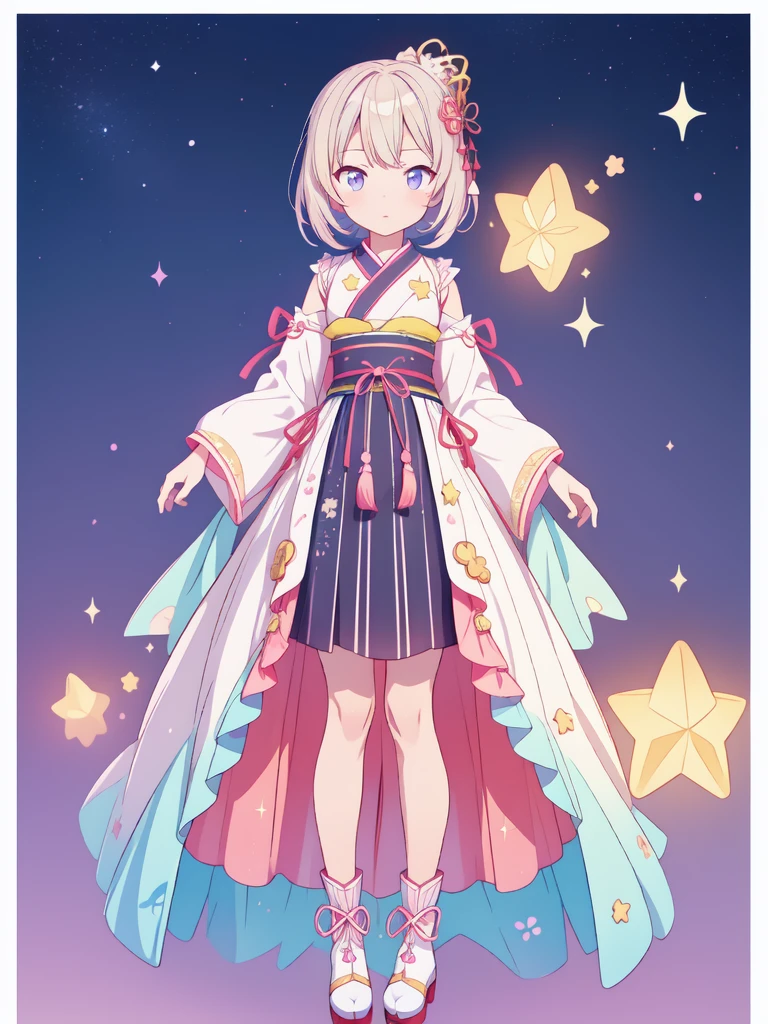 1girl、vtuber-fullbody、Star Fairy、Masterpiece、Official Art、Super detailed、super beautiful、かわいいStar Fairy、white straight short hair、Milky Way、universe、star charm、Star、Baby Face、Knee-high boots、Japanese pattern dress、A beautiful girl wearing black and white clothes that are a remake of a yukata.、universeを思わせるOiranフリルドレス、Oiran