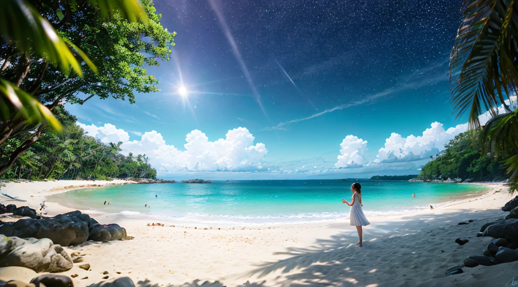 CG rendering of many beautiful pale pink large shells and pale colored conchs on the beach with rings of shimmering rosettes crystal clear as glass. Transparent colorsColorful stones, transparent, glittering, moonlight illuminates pure white beach, blue sea, pearls, super detail, fireflies, light effects, fairyland romance: Thomas Kinkade, Krenz, CGSOCIETY Trend, soft light, ultra wide angle, distant view, fairy tale, fantasy, 8K HD wallpaper: 1 piece, supersaturated, people, signature, blur, depth of field HD 16k
Negative Prompt