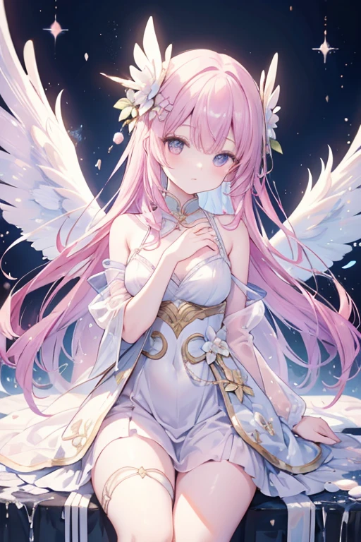 masutepiece, Best Quality, 8K, Complex and detailed environments, Anime, Watercolor illustration, Colorful, Bright colors, capricious, glowing lights, Otherworldly liquid, Fairy Light, Beautiful girl in flowing liquid glowing dress, Perfect face,Beautifully aligned fingers、 Golden ratio, Sparkling eyes, watercolor paiting, Liquid Light, Angel wings、Wind Spirit、Wearing flowers that invite dreams、