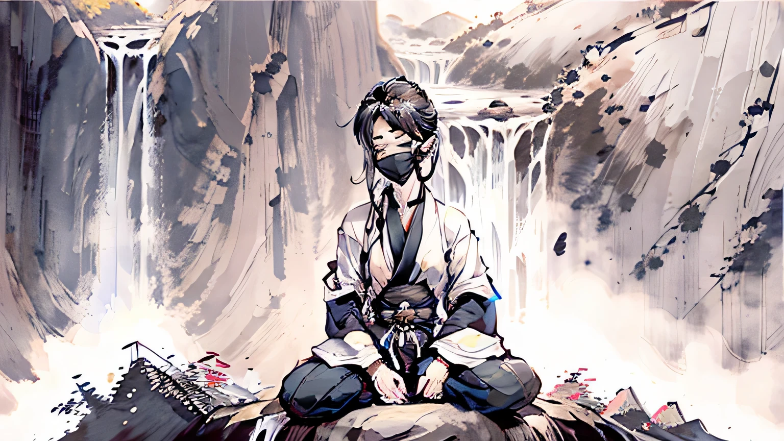 A ninja sits in meditation in front of a magnificent waterfall