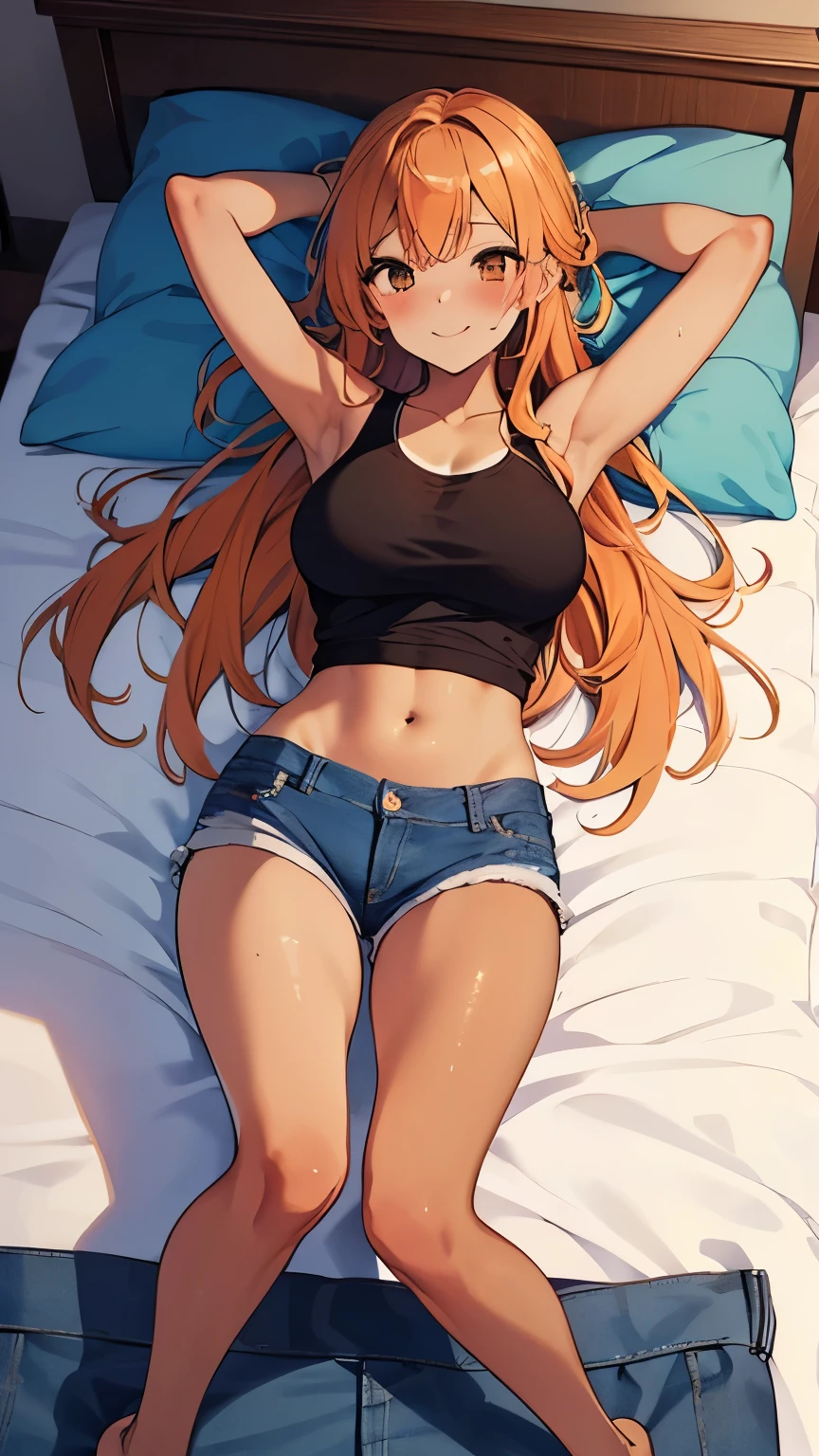 highest quality、Elementary school student bra、Beige shorts、Cool look、Stretching your legs in your room、Armpit sweat、Grass、Ecstasy Face,(Glamorous figure), (girl1name), (Highly detailed face, smile) , (日本のgirl), Slightly round face, (Tan brown face:1.6),(Baby-faced beauty), cute, Big eyes、2D,highest quality,(masterpiece),(((The whole body is reflected))),(((Full Body))),extra long hair,((light orange hair)),(messy hair),healthy dark skin,((Black denim shorts)),Light pink wrestler tank top,Shiny bare legs,barefoot,beautiful brown eyes,Attractive thigheaty ass,Sloppy body shape,Bedroom,Get drunk,Upward glance,cheeks are bright red,あざでcute,Sexy as hell,Erotic look,Large drops of sweat all over the body,Steamy,sleep with your legs stretched out、My Room、(Lie flat on the bed.),Angle shot from directly above,Sleeping on one's back