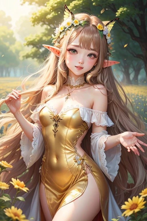Fairy Butterfly Wings Seven-colored hair mole on the mouth Lace dress Flower Field Golden light grains Long Hair Golden Hair Elf Ears Flower Crown