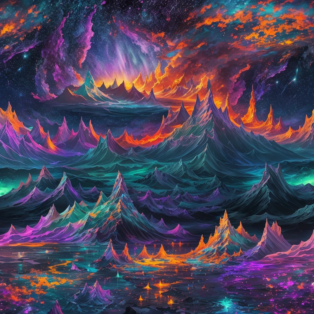 Computer graffique, realistic fantasy, ultra-landscape, colorful landscape, three-dimensional colorful drawing, ultra-current, ultra-detailed, the world inside the bottle, inside the ocean (ultra-detalized), shore (ultra-detalized), erupting volcano (ultradetalized), starry sky (ultradetalized), meteor shower (ultradetalized), outside stones, night, northern lights, magic, gloomy, bright colors, blue, purple, Orange, 7kk