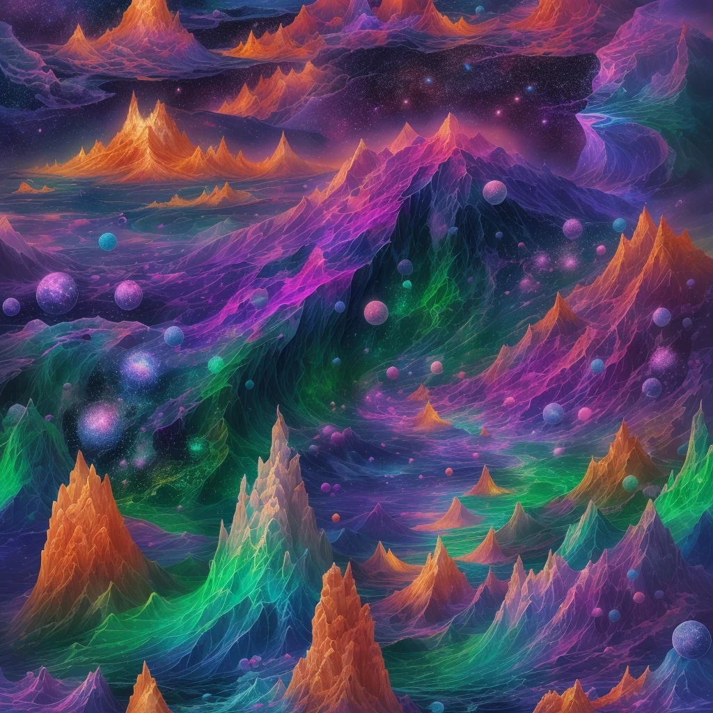 Computer graffique, realistic fantasy, ultra-landscape, colorful landscape, three-dimensional colorful drawing, ultra-current, ultra-detailed, the world inside the bottle, inside the ocean (ultra-detalized), shore (ultra-detalized), erupting volcano (ultradetalized), starry sky (ultradetalized), meteor shower (ultradetalized), outside stones, night, northern lights, magic, gloomy, bright colors, blue, purple, Orange, 7kk  