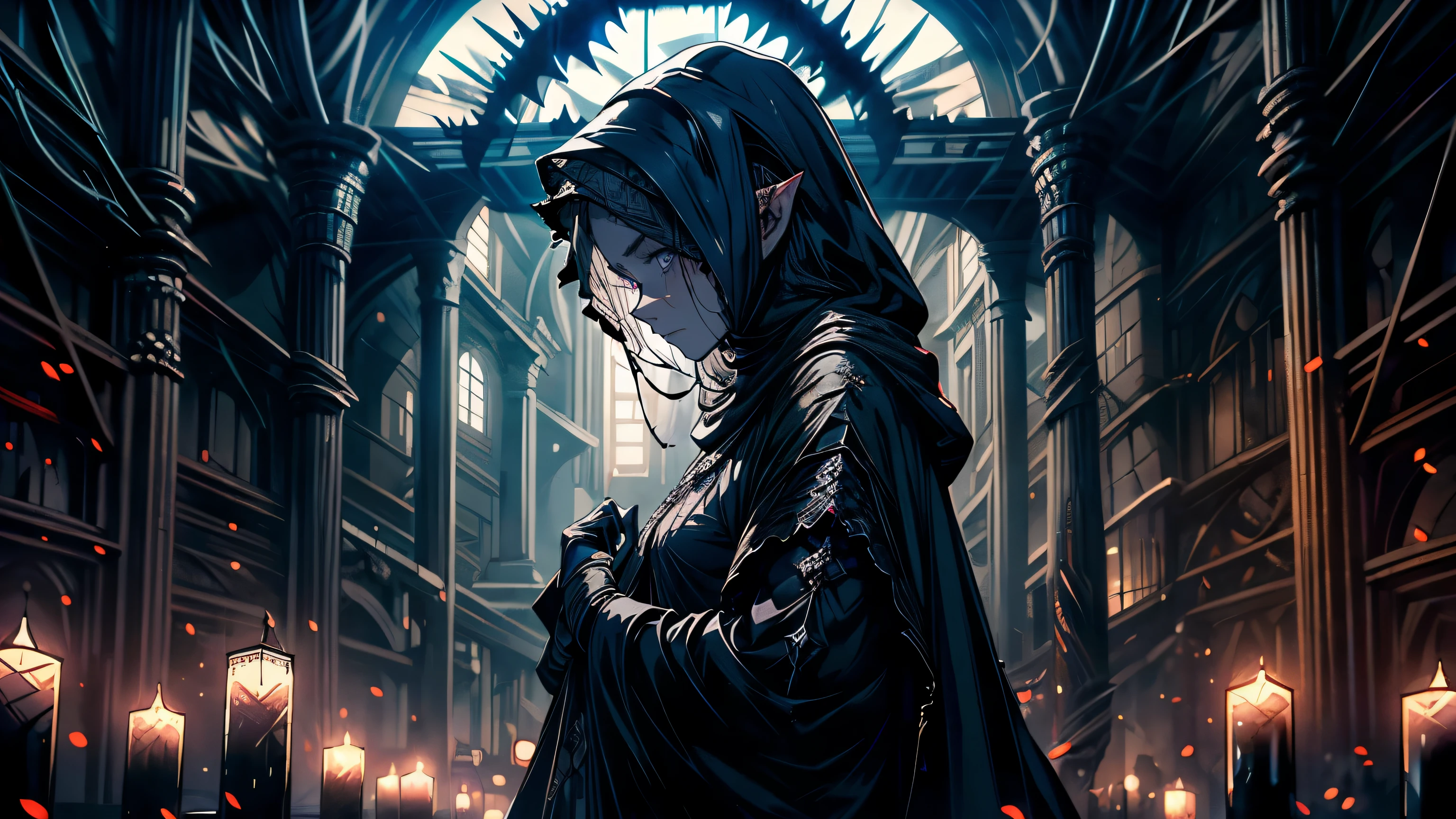 gorgeous, masterpiece, best quality, highres,4k, wallpaper, intricate, detailed, rpg, lord of the rings, vintage, dark room, indoor, poor, no money, small breast,kneel down prayer, Three Strand Braid hair, profile, not facing viewer.Muslim abaya, blue eyes,
Masterpiece, Best Quality, High Quality, wear black Muslim abaya, praying, Medieval style, cloth cover eyes, (surrounded by grey light),, (Darkness:1.8), Abstraction, Award-winning photography, Depth of field, HDR, Very detailed, Trending in art stations, Trending in CGsociety, Complex, High detail,(Masterpiece:1.2, Best Quality), (dark Lighting, Very Delicate and Beautiful), (Beautiful Detailed Face), (Detailed Face:1.2), gray dark hair, pale skin, pointy_ears, thorns
scar on hands, cross scar on body, sad face, innocent, not looking camera, looking to the ground, blindfold, not showing eyes, bonny, skinny body, small chest, great devoutness