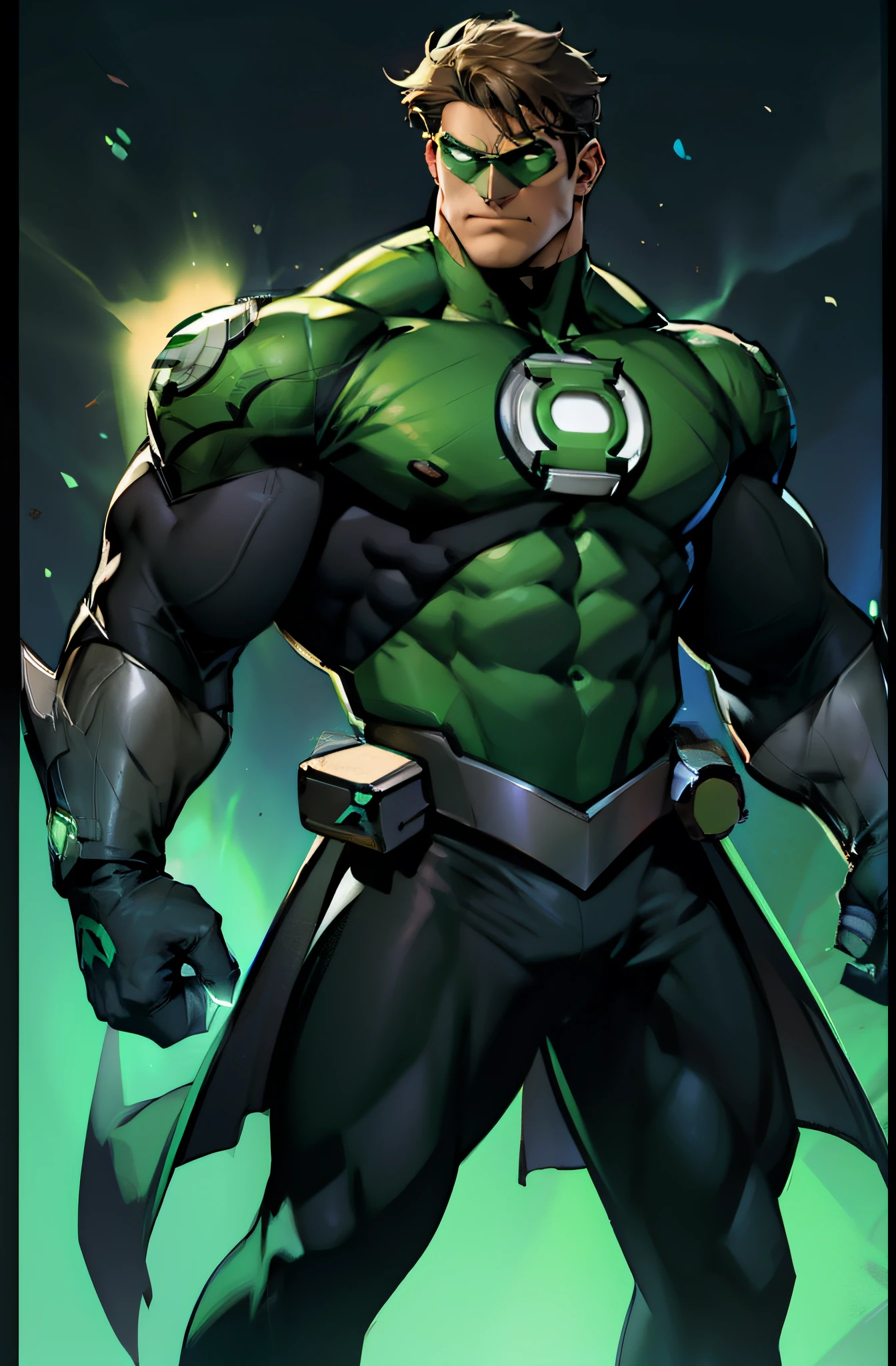 Green Lantern, Hal Jordan as a medieval knight, full body shot, face of a 30s, tall, hunk, lean muscle, short hazel hair, all neon green and black armor, light neon green lantern logo on the chest, best quality, masterpiece, high resolution, green ring on his right middle finger, dark green eyes mask, straight face, detailed face, detailed suit of armor