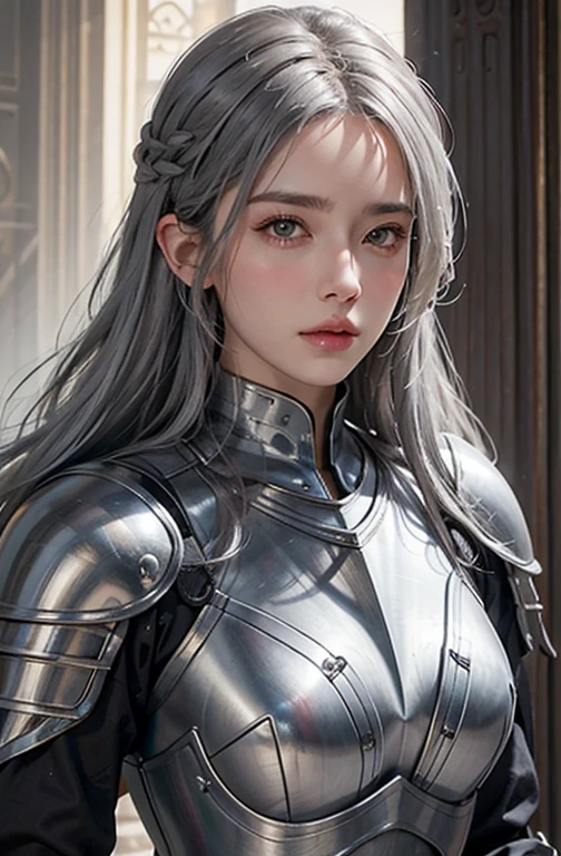 Realistic, High resolution, 1 Female, alone, Hip Up, View the viewer, (Detailed face), Gray Hair, Long Hair, knight armor