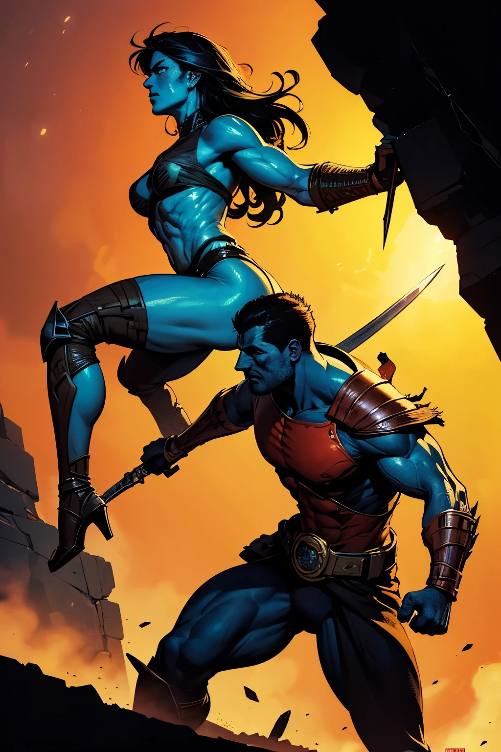In the gritty and intricately detailed comic book world of Frank Miller, an image unfolds of two brave heroes clashing swords. Their muscular, reinterpreted human forms, reminiscent of the masterfulwork of Bilquisse Yasmina Oluais and J. Scott Campbell, exude strength and determination. The colors, magnificently brought to life by Balcomb Greene and further enhanced by Dan McPharlin, illuminate the scene with a vibrant palette, contrasting the heroes' fierce expressions. Every line and contour is rendered with ultra-fine detail, capturing the subtle textures of their armor and the sinewy muscles beneath. The scene is charged with tension and energy