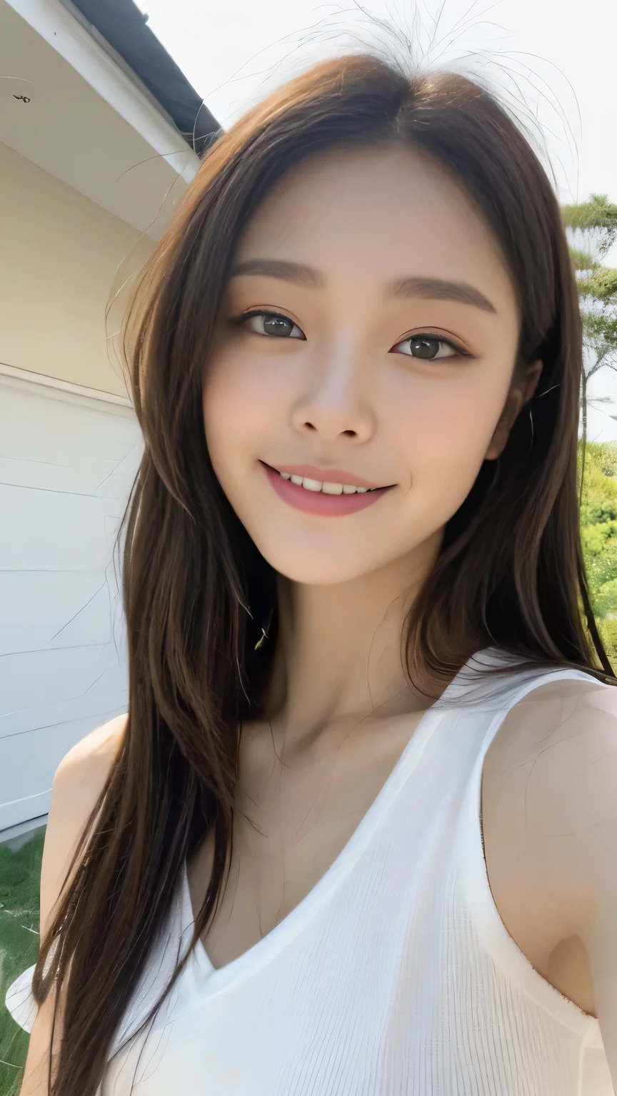 ((highest quality, 8K, masterpiece:1.3)), concentrated:1.2, Perfect body beauty:1.4, Hips:1.2, ((Delicate Hair)), (A fashionable summer T-shirt with a colorful irregular neckline, back tie and slim fit.、 :1.1) , ((highest quality、8K、masterpiece:1.3))、1 Girl、A sloppy smile、Esbian all over、Slim face、Big 、Beautiful woman、(Dark Brown Hair)、、1.1、Flickering Valley、Detailed eyes、double eyelid、Blurred Background、超Slim face、Looking down、garden、