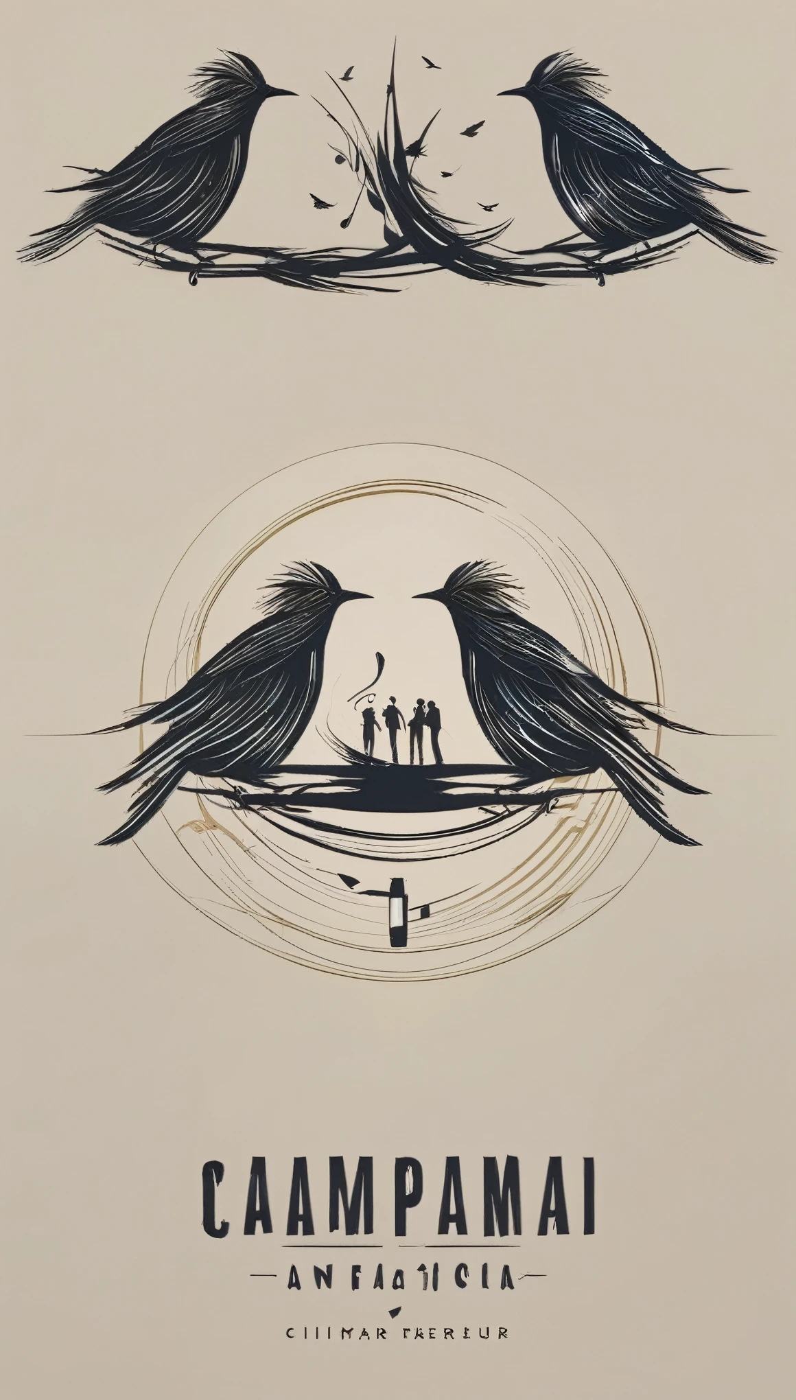 Create a cinematic, abstract symbol for a film production company based on stories and music. The logo aims to represent the companionship between a musician boy and a feather bird. Logo design impressed on a shirt