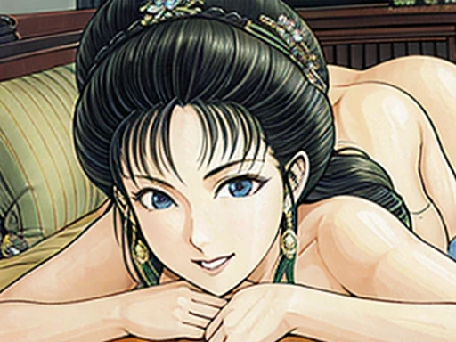 {best quality}, {very aesthetic}, {ultra-detailed}, {best illustration},NSFW,mature female,Perfect Face,Suikoden,Mrs. Lin,{full_nude},{full_body},big breast,big nipple,Pubic hair of the same color as the hair,Eyes downcast,skinny, Undressing, sex, girl lying on the bed,chinese traditional style bed,