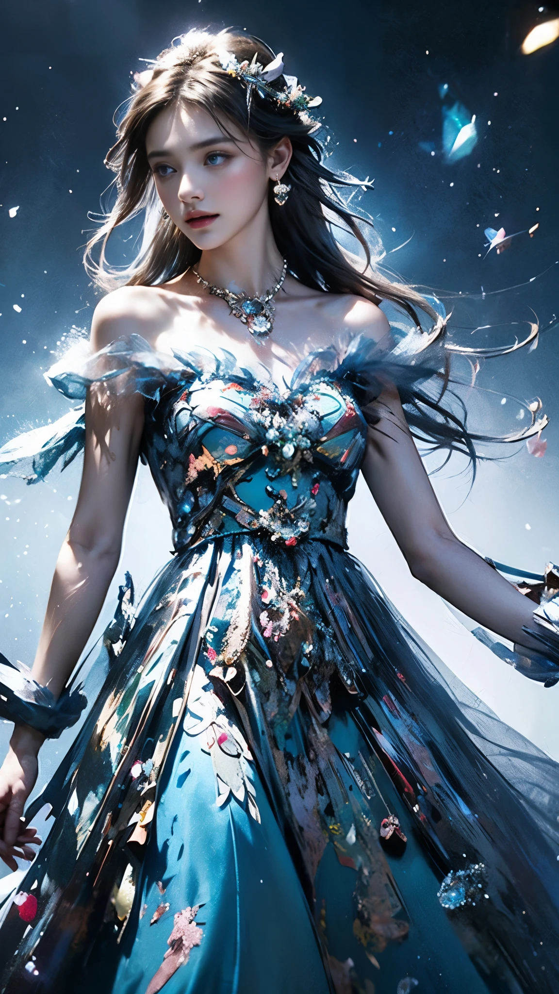8K, ultra hd, masterpiece, 1 girl, (good face:1.4), detailed eyes, very long hair, impressive hairstyle, earings, necklace, small breasts, (blue dress:1.5), see-through, (fantasy dress:1.5) Light-colored foundation brings out the transparency of the skin, (in the wonderland:1.5), mystery, diwali lights, glowing lights, very decoration, The lights falls like water, perfect front body,