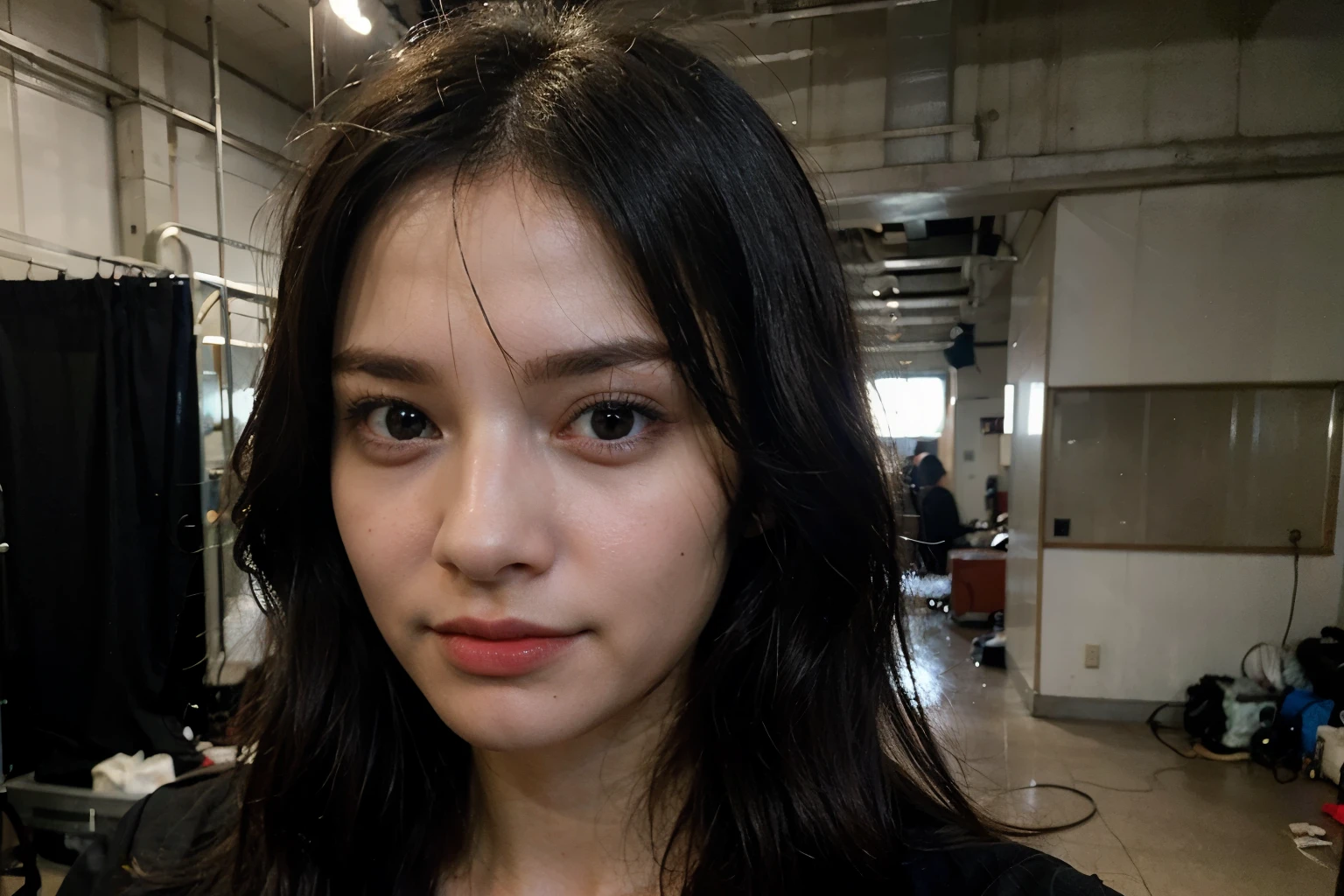 ((best quality)), ((masterpiece)), (detailed), perfect face, movie set, long black hair, backstage, waist shot