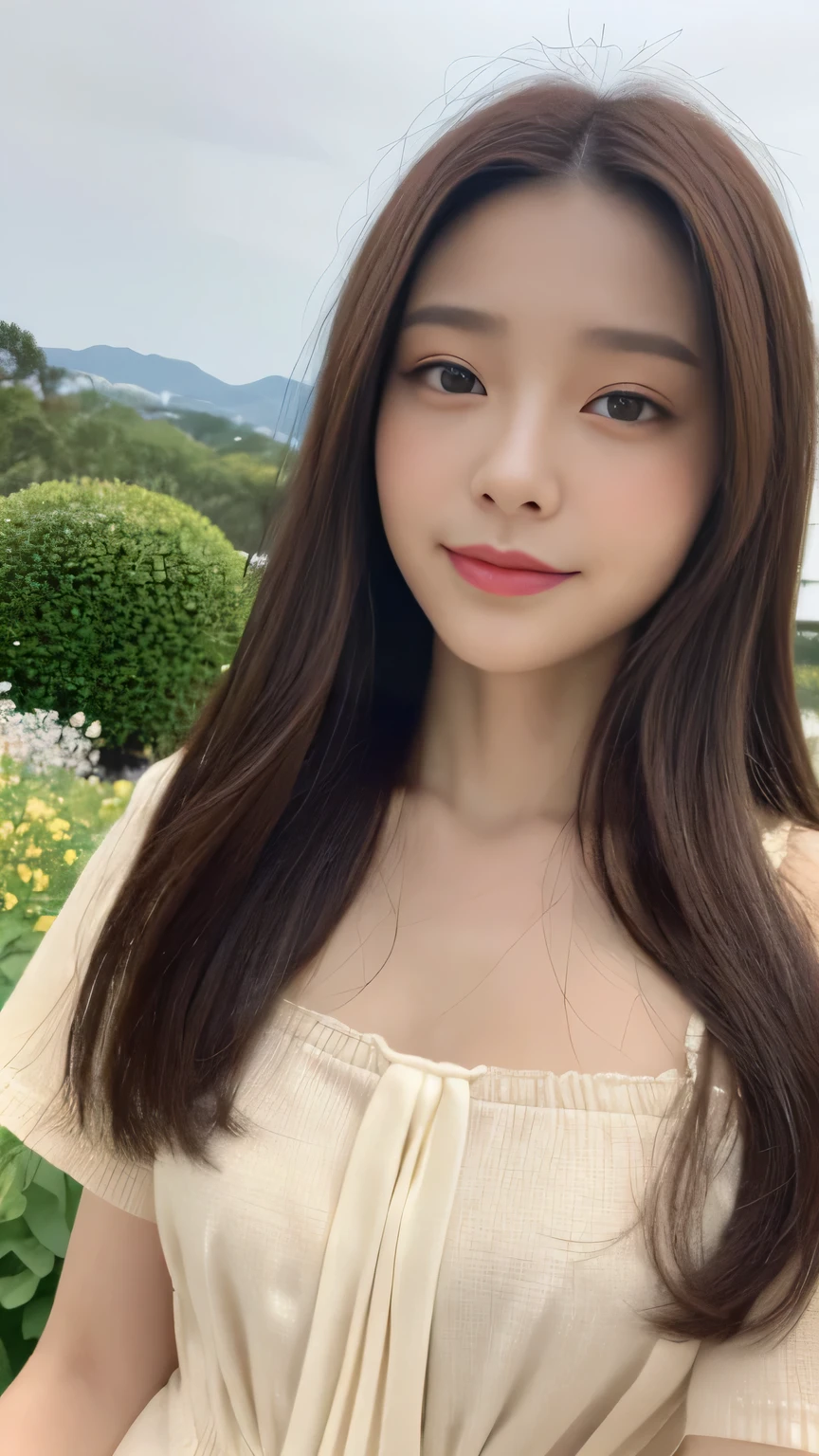 ((highest quality, 8K, masterpiece:1.3)), concentrated:1.2, Perfect body beauty:1.4, Hips:1.2, ((Delicate Hair)), (A fashionable summer T-shirt with a colorful irregular neckline, back tie and slim fit.、 :1.1) , ((highest quality、8K、masterpiece:1.3))、1 Girl、A sloppy smile、Esbian all over、Slim face、Big 、Beautiful woman、(Dark Brown Hair)、、1.1、Flickering Valley、Detailed eyes、double eyelid、Blurred Background、超Slim face、Looking down、garden、