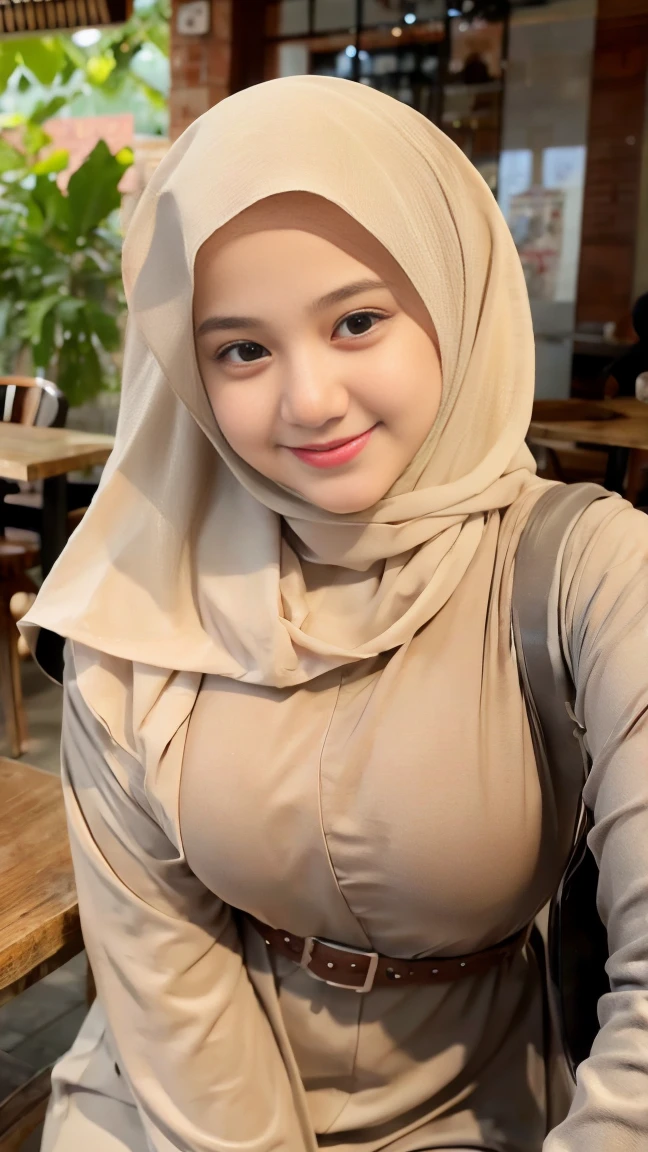 Selfie taken, See full body, luxury details, 8k, natural, realistic, amazing shots, ULTRA HD,
1 girl, 18 years old, smooth white face, white skin, smailing, neat white teeth, big breasts, wearing a long white hijab covering the body, with decorations on the hijab, Muslim clothes for worship, beautiful face, beautiful black face, cute, curly eyelashes, beautiful eyes , sweet smile, sitting on the bed, Indonesian Muslim, realistic, atmosphere in the out door, in the cafe,