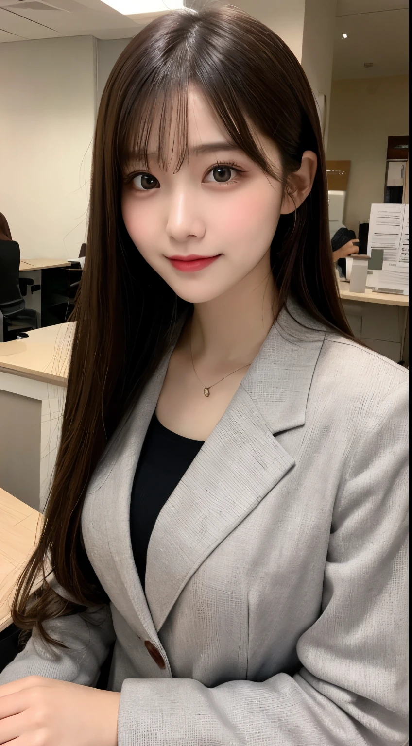 Tabletop, highest quality, shape, Very detailed, finely, High resolution, 8k wallpaper, 完璧なダイナミックな構shape, Beautiful and detailed, Nice spring clothes,Beautiful straight hair,Small breasts,Natural color lip, 20-year-old girl、cute、sexy shot looking at camera,Always blur the background,Perfect and beautiful face、Slim face and figure,Big eyes、Putting on gal makeup,Actual Photos（Best image quality）、Sexy Face、Fashion magazine model pose、A shy smile、suit、office Street