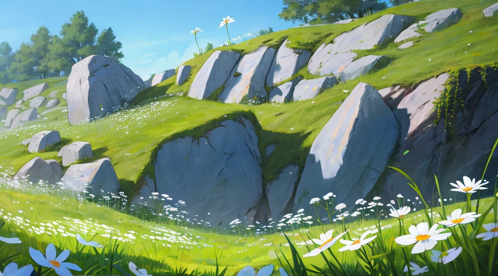 spring，Green Grass，white wildflowers，The rock wall，4k