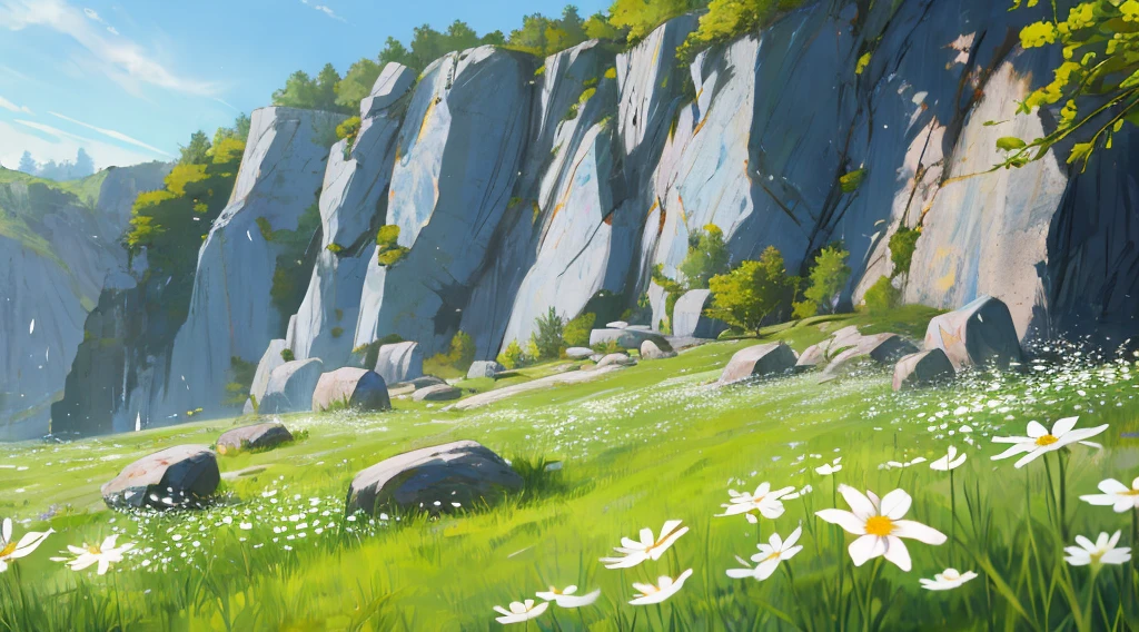 spring,Green Grass,white wildflowers,The rock wall,4k