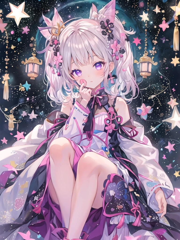 1girl、vtuber-fullbody、Star Fairy、Masterpiece、Official Art、Super detailed、super beautiful、かわいいStar Fairy、white straight short hair、Milky Way、universe、star charm、Star、、Knee-high boots、Japanese pattern dress、A beautiful girl wearing black and white clothes that are a remake of a yukata.、universeを思わせるOiranフリルドレス、Oiran