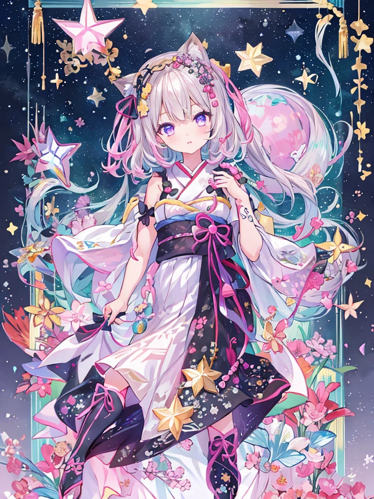 1girl、vtuber-fullbody、Star Fairy、Masterpiece、Official Art、Super detailed、super beautiful、かわいいStar Fairy、white straight short hair、Milky Way、universe、star charm、Star、Baby Face、Knee-high boots、Japanese pattern dress、A beautiful girl wearing black and white clothes that are a remake of a yukata.、universeを思わせるOiranフリルドレス、Oiran