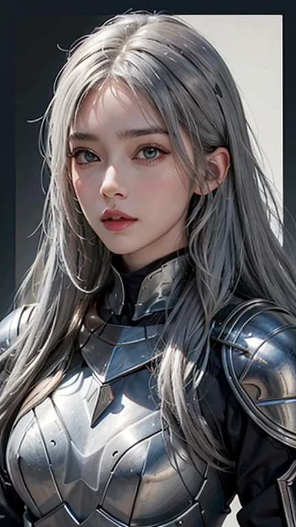 Realistic, High resolution, 1 Female, alone, Hip Up, View the viewer, (Detailed face), Gray Hair, Long Hair, knight armor