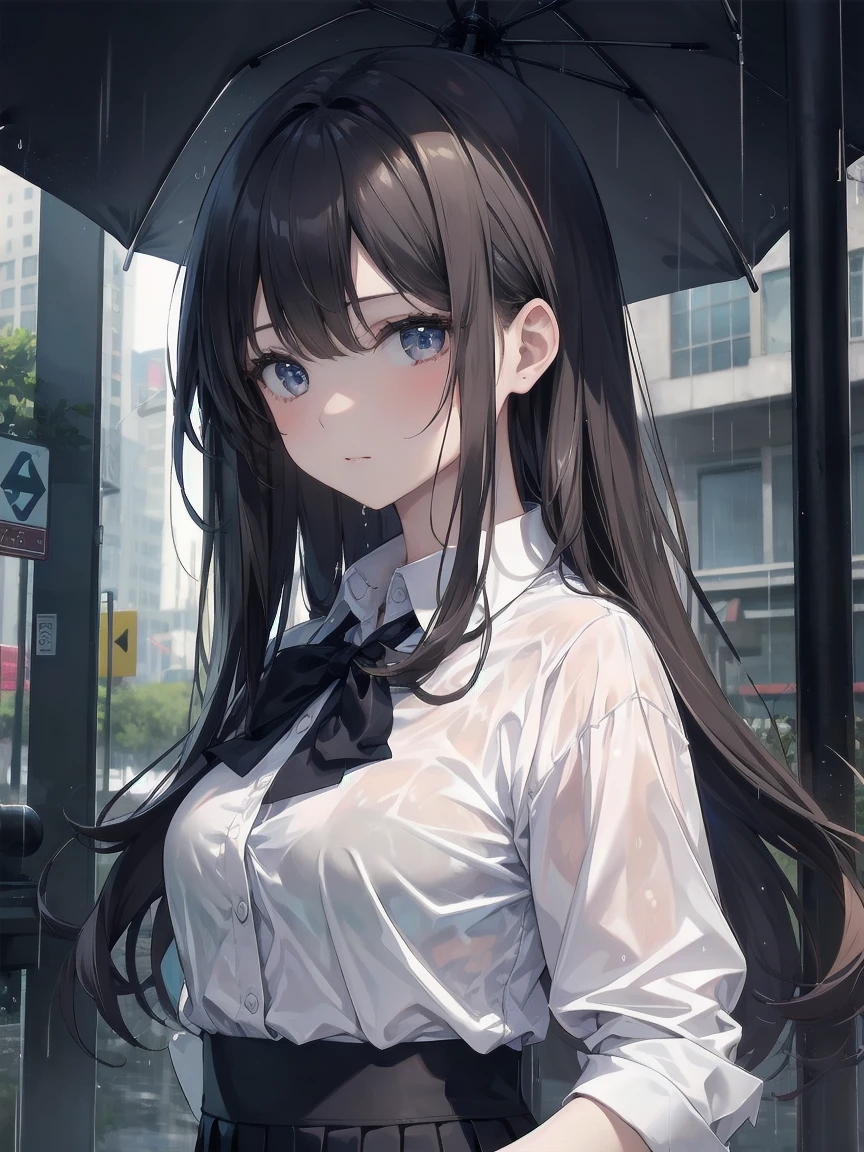 A masterpiece in every detail, highest quality, Realistic, One Girl, alone, One Girl、shirt、Skirt、be patient、In the midst of patience、Upper body portrait、in the rain