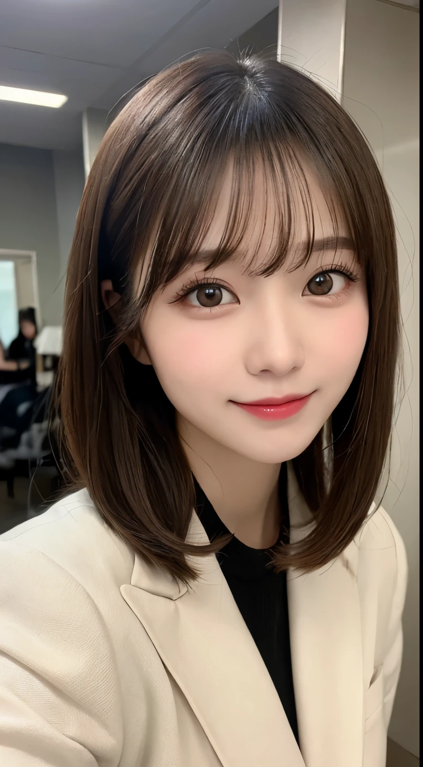 Tabletop, highest quality, shape, Very detailed, finely, High resolution, 8k wallpaper, 完璧なダイナミックな構shape, Beautiful and detailed, Nice spring clothes,Beautiful straight hair,Small breasts,Natural color lip, 20-year-old girl、cute、sexy shot looking at camera,Always blur the background,Perfect and beautiful face、Slim face and figure,Big eyes、Putting on gal makeup,Actual Photos(Best image quality)、Sexy Face、Fashion magazine model pose、A shy smile、suit、office Street