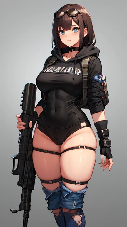 solo thick figure thick thighs ultra breast size ultra hip size blue eyes tan skin girl short dark brown messy hair wear fingerless gloves wear short crop top hoodie wear short crop jean ripped wear holster wear black stocking holding a rifle on hands wear tactical backpack wear tactical goggle on head 