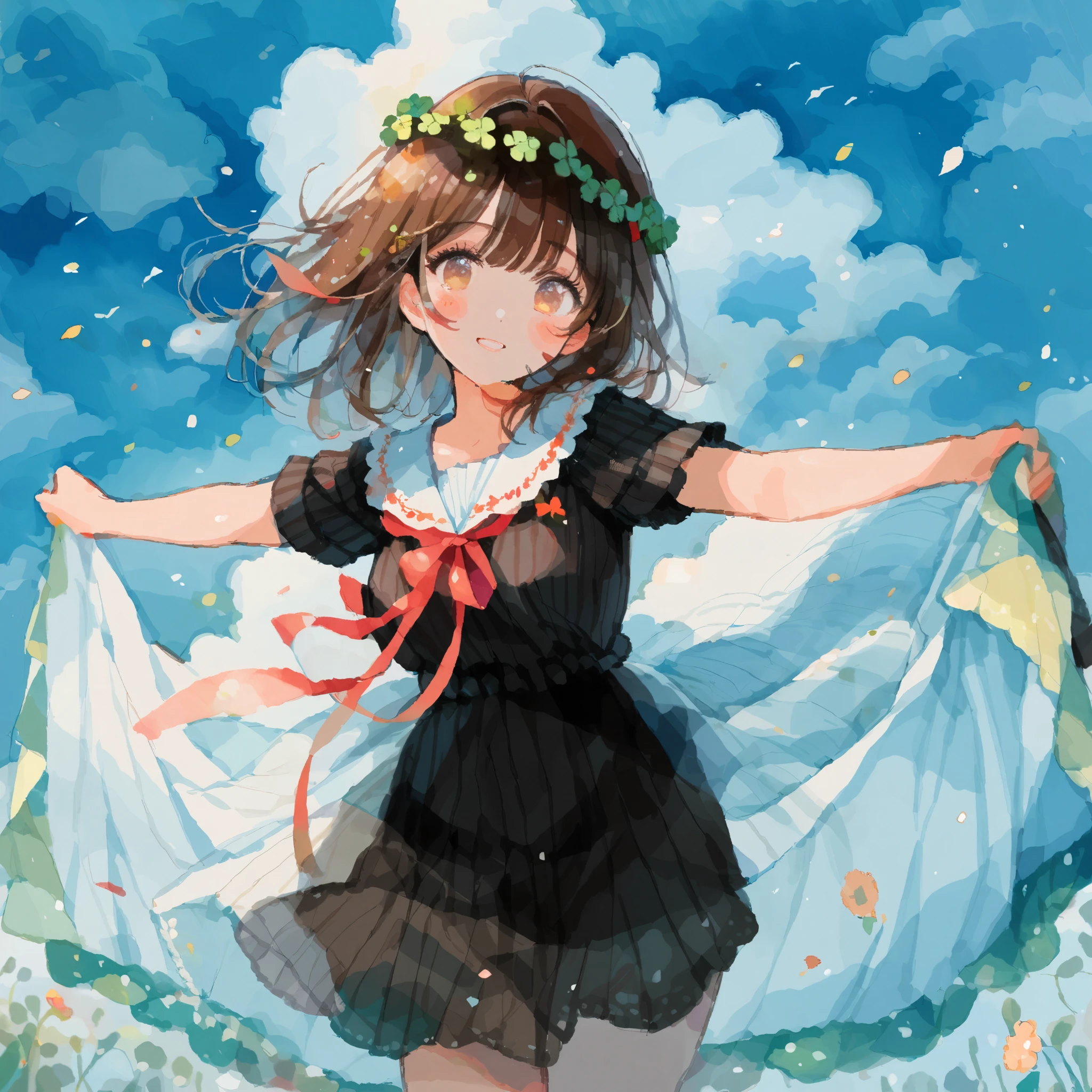 1girl,Brown Hair,clover wreath、Holding a bouquet、woman wearing a dress、Flower Field、tegaki, (watercolor painting:1.3), detailed、8K、ultra-detailed、light leaks