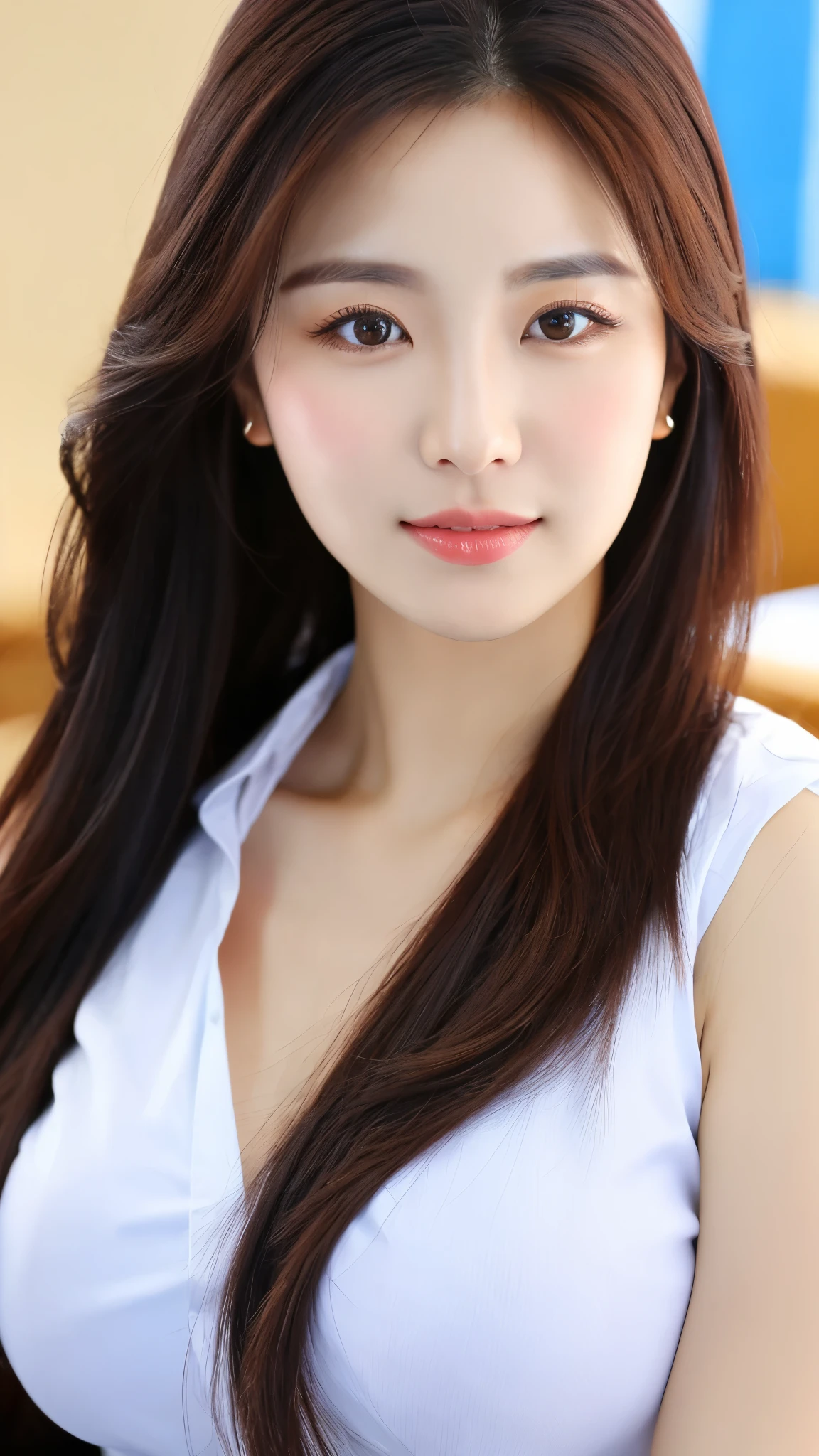 close-up of beautiful korean female, 34 inch breasts size, hair between eyes, wearing sleeveless shirt, in the office, bokeh background, UHD