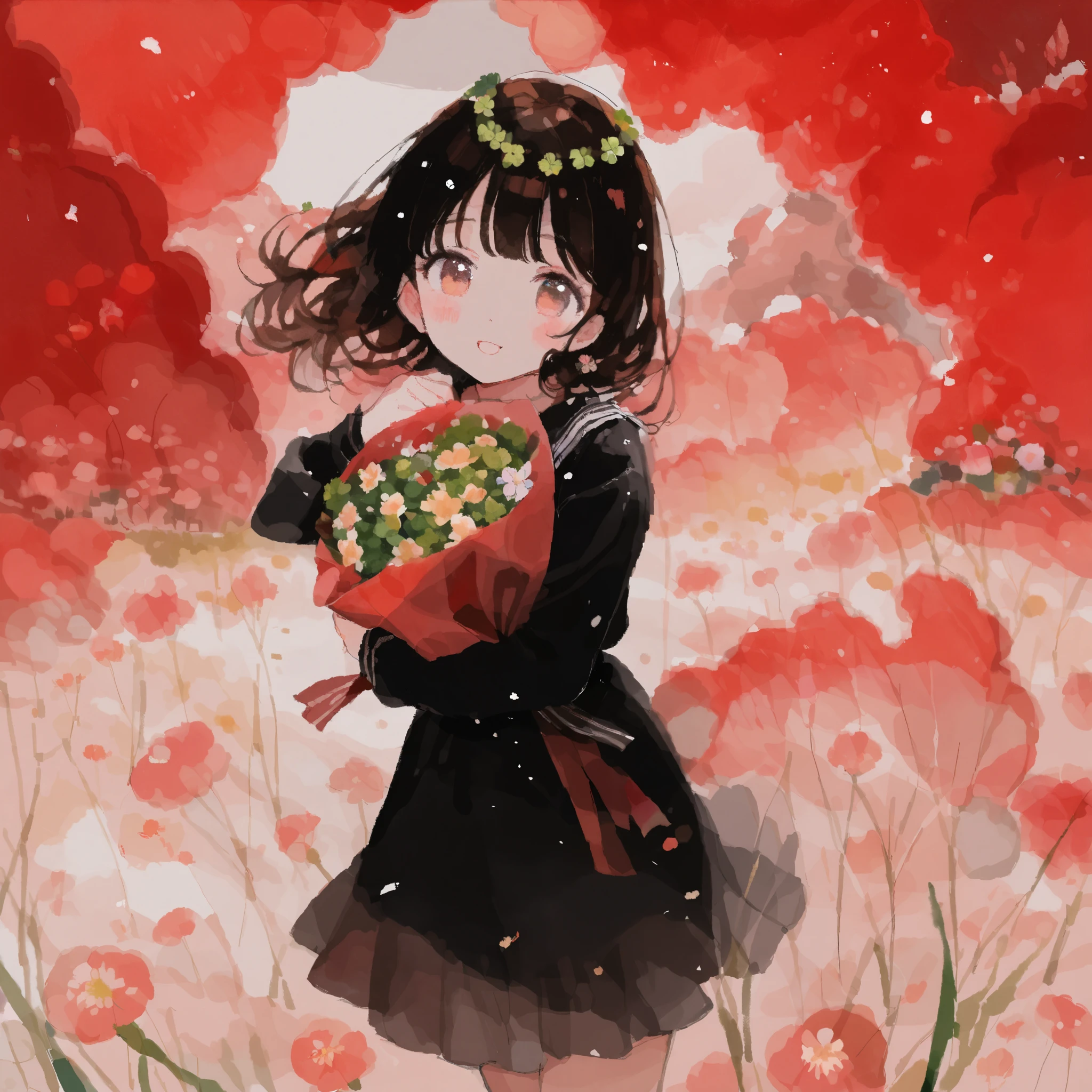 1girl，Brown Hair，clover wreath、Holding a bouquet、woman wearing a dress、Flower Field、tegaki, (watercolor painting:1.3), detailed、8K、ultra-detailed、light leaks
