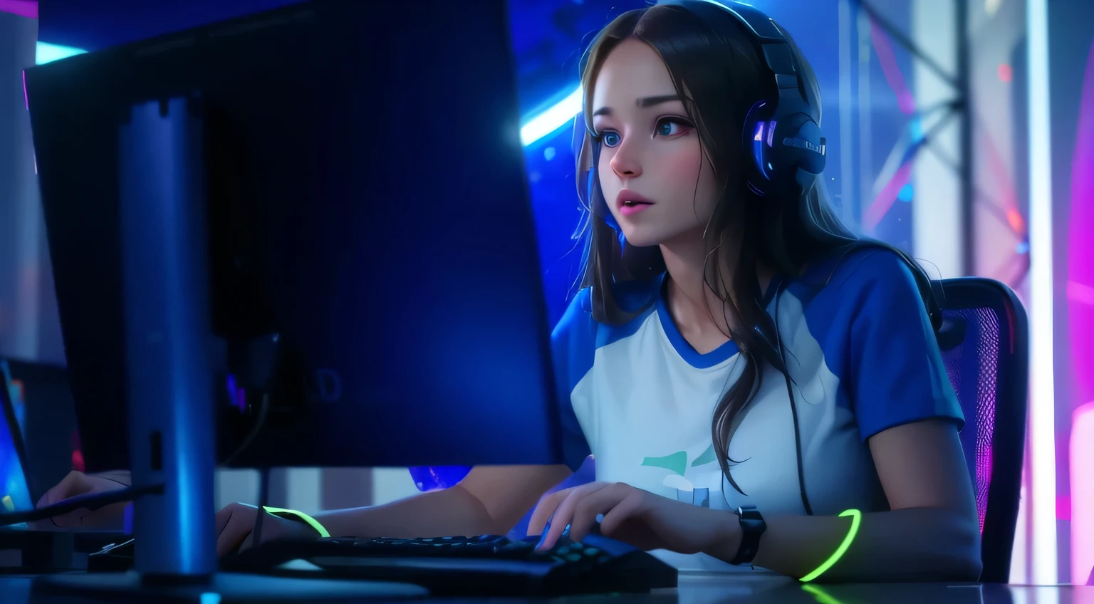 Cat Girl Blonde, More on Facial Hyperrealism, Cute face, beautiful girl, Women&#39;s athletes, (Play games in the game room, 2 monitors), R Cup Chest, whole body, (Use an RGB headset), Very detailed, 8hair, darhair tone, darhair shadow, glow in the darhair, Game color rating, (High resolution, 超High resolution, 64hair, highest quality, Raw photo, highest quality, highest quality, masterpiece: 1.5),  超High resolution, hd, hair, Hyperrealism, Very detailed, whole body, Hyperrealism, Very detailed, Ultra-realistic details, A detailed hyper realistic whole body image, Very detailedな, Digital Painting, Art Station Trends, HD quality
